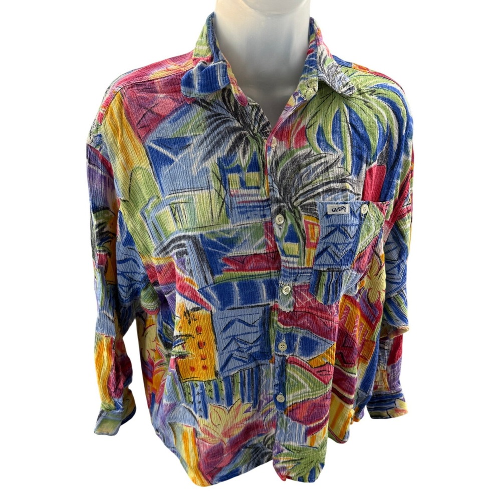 Guess by Georges Marciano Abstract Hawaiian Down Shirt Oversized Size 2 VINTAGE